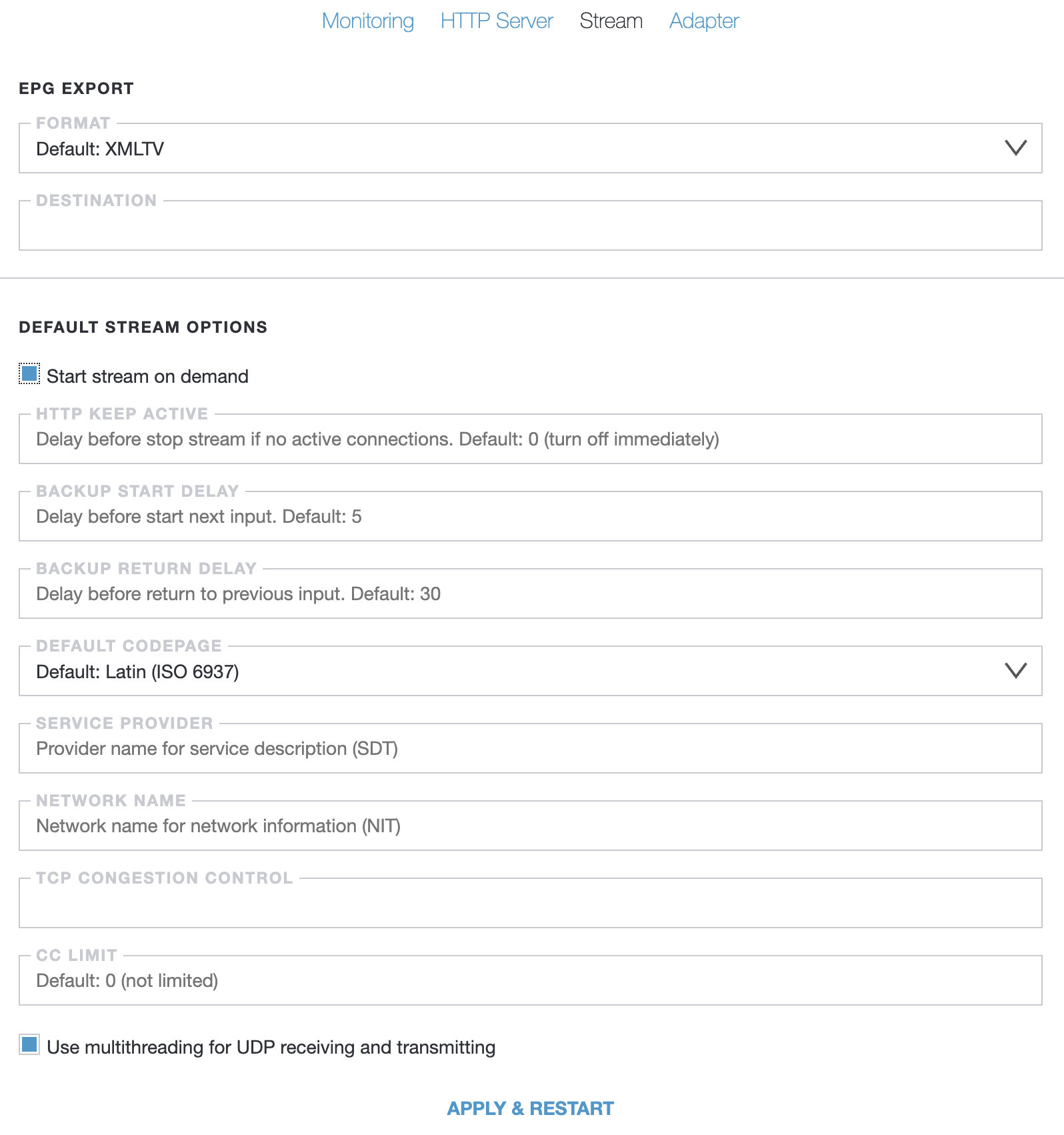 Opciones Predeterminadas de Stream