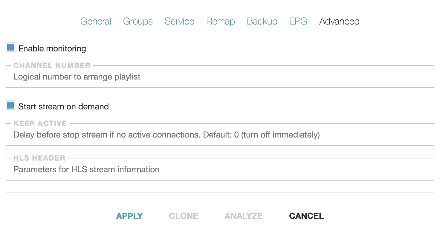Stream: Form for Advanced Settings