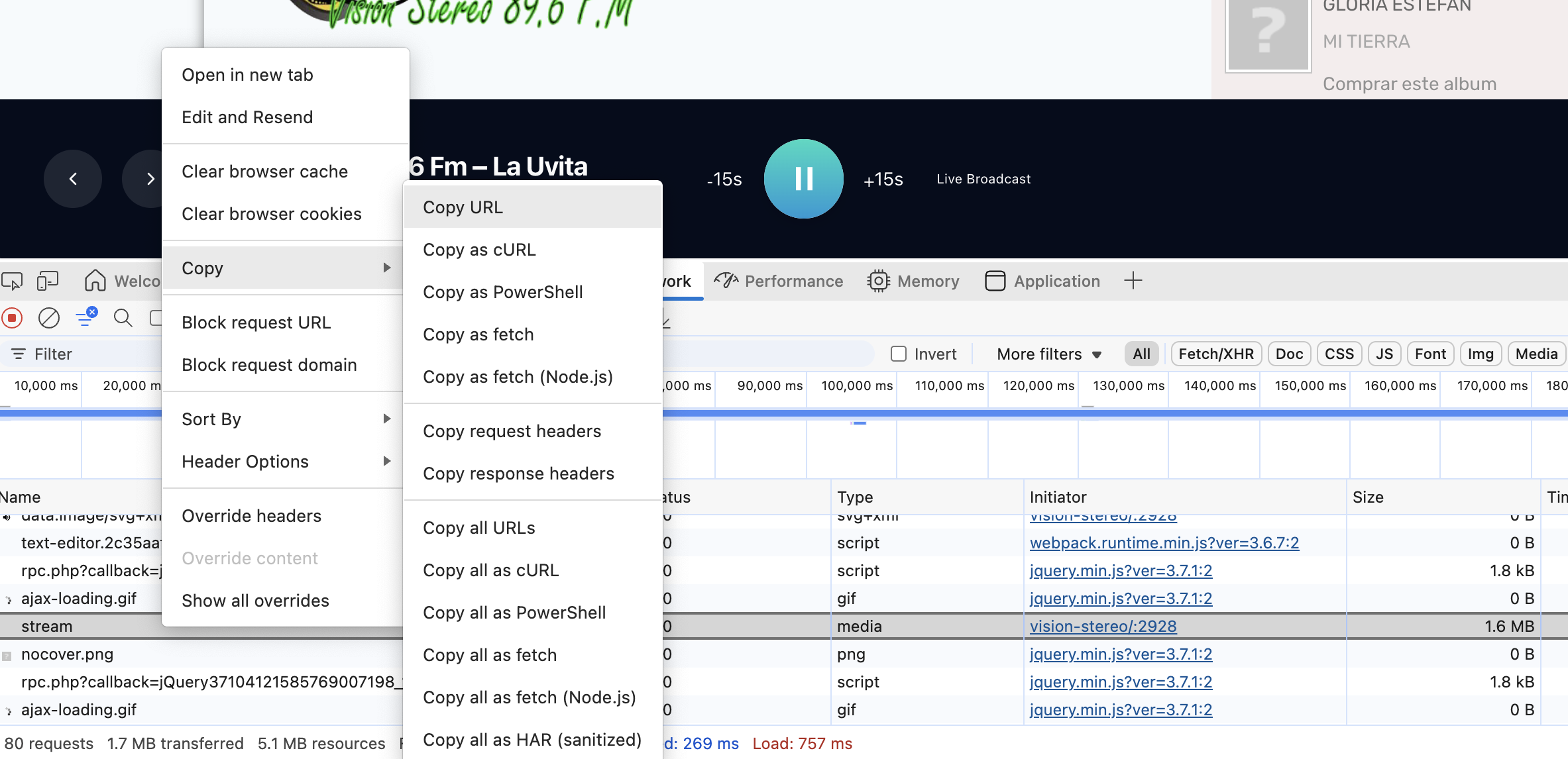 Encontrando la URL del stream de radio en el navegador
